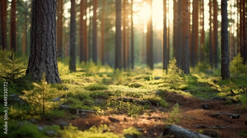 Nordic pine forest in the evening light. Short depth-of-field. © Sasint