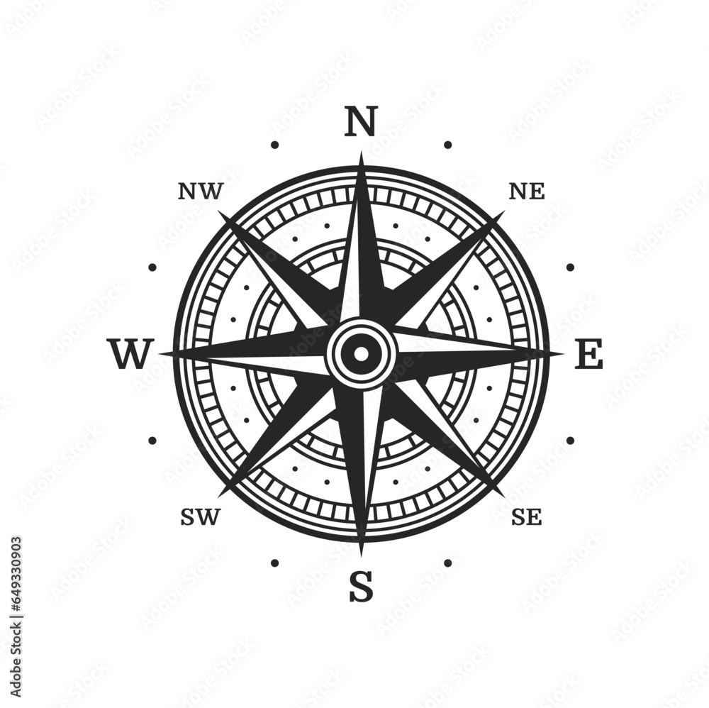 Compass, wind rose sailing symbol. Nautical cartography direction, ocean expedition latitude or marine navigation compass vector emblem. Sea sailing wind rose retro symbol or medieval sign