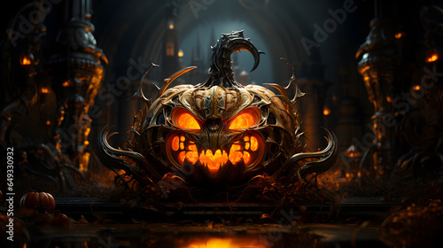 Surrealistic, futuristic Halloween pumpkin with scary face, mystic background. A special, unique design for Halloween party invitation cards, posters, wallpapers etc.