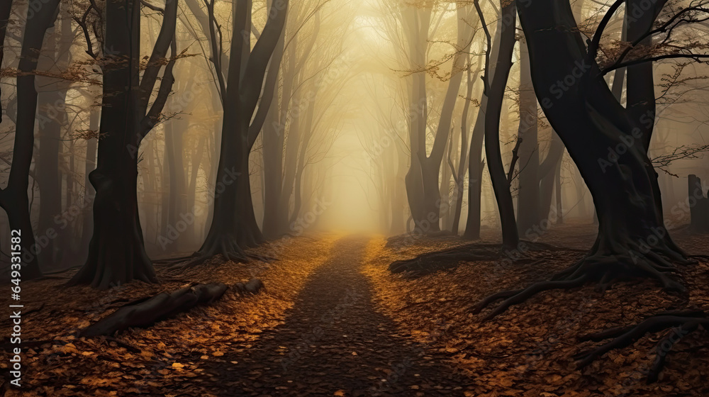 Obraz premium Path trough a strange beautiful forest with fog in autumn