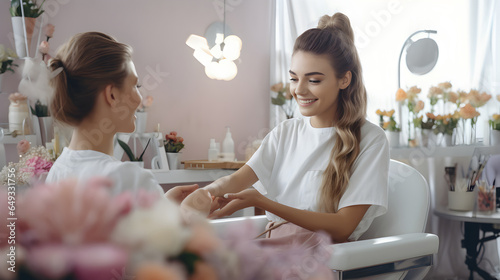 Manicurist doing manicure in a beauty salon