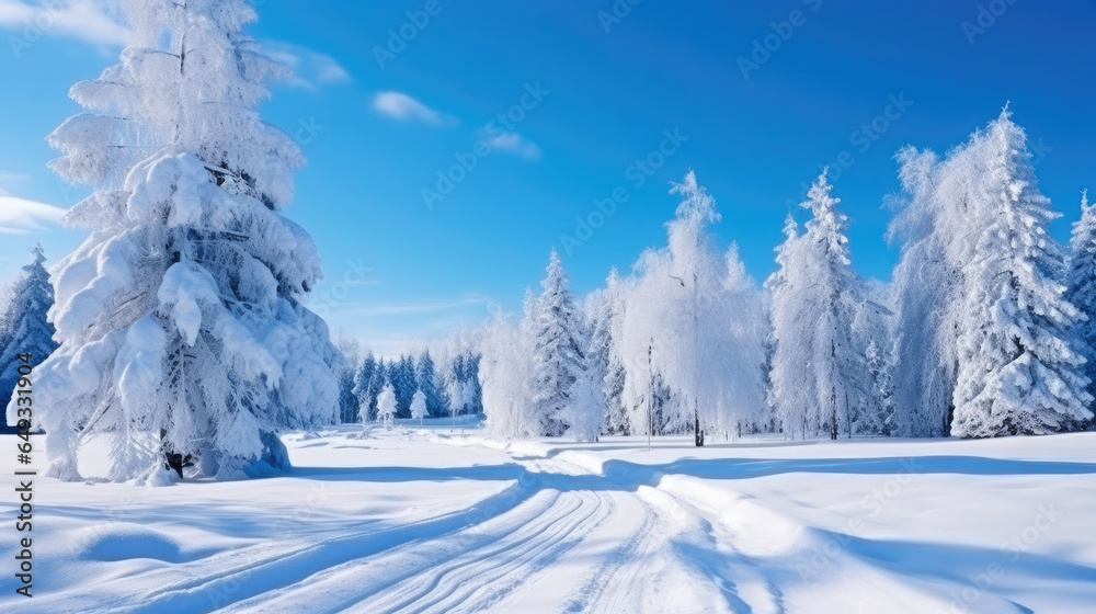 Obraz premium Winter landscape with fair trees under the snow. Scenery for the tourists. Christmas holidays. Trampled path in the snowdrifts.