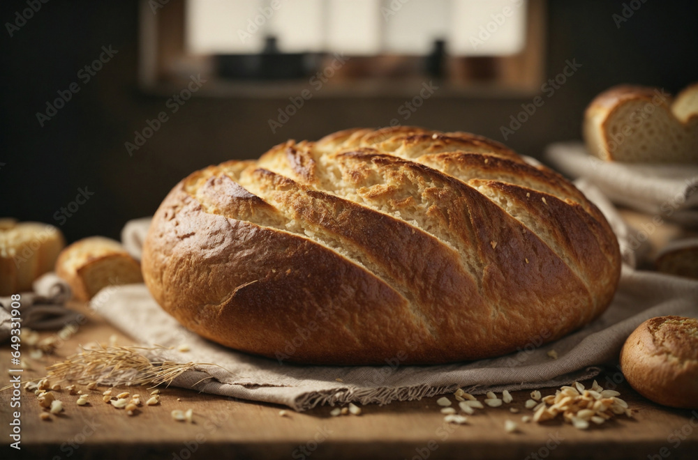fresh bread, bread on wooden table, harvest concept
