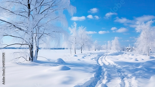 Winter landscape with fair trees under the snow. Scenery for the tourists. Christmas holidays. Trampled path in the snowdrifts.