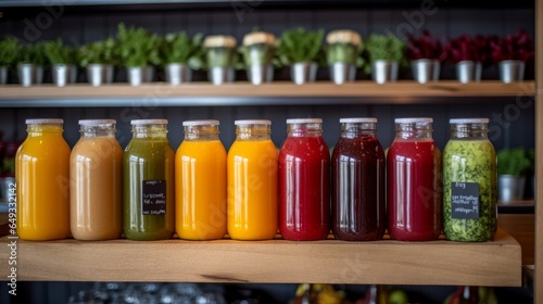 Fresh juice bar of vibrant freshly squeezed juices in glass bottles. AI generated