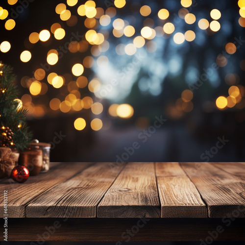 Christmas time and table with free space blurred background, ai technology