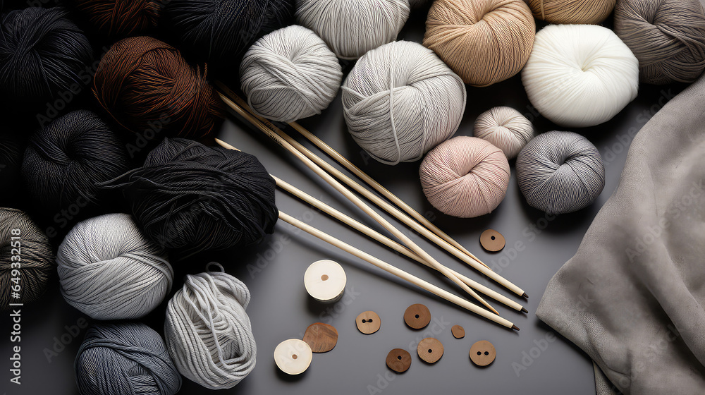 Balls of warm wool yarn needles for knitting in pastel gray calm colors. Cozy composition for a handicraft and needlework store. Balls of warm wool yarn needles for knitting in pastel gray calm colors. Cozy composition for a handicraft and needlework store.