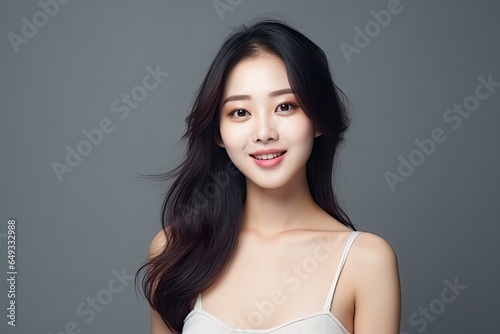 Beautiful Asian woman smiles and radiates happiness, showcasing her healthy, glowing skin. Generative AI