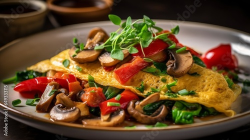 Vegetable omelet with bell peppers, spinach, tomatoes, and mushrooms. AI generated