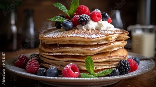 Whole grain pancakes topped with fresh berries  and a sprinkle of powdered sugar. AI generated