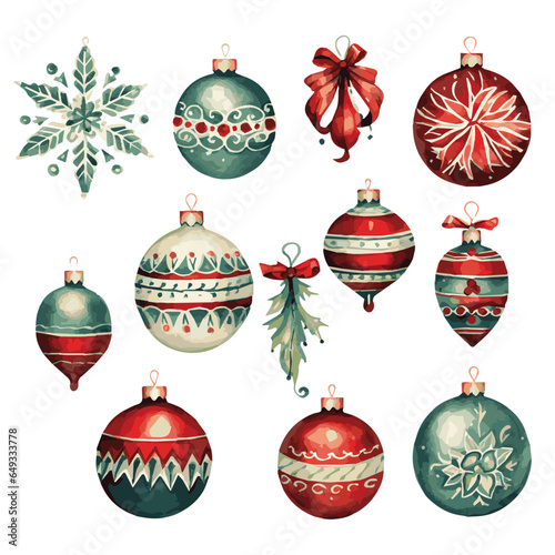 watercolor set of christmas balls hand drawn illustration