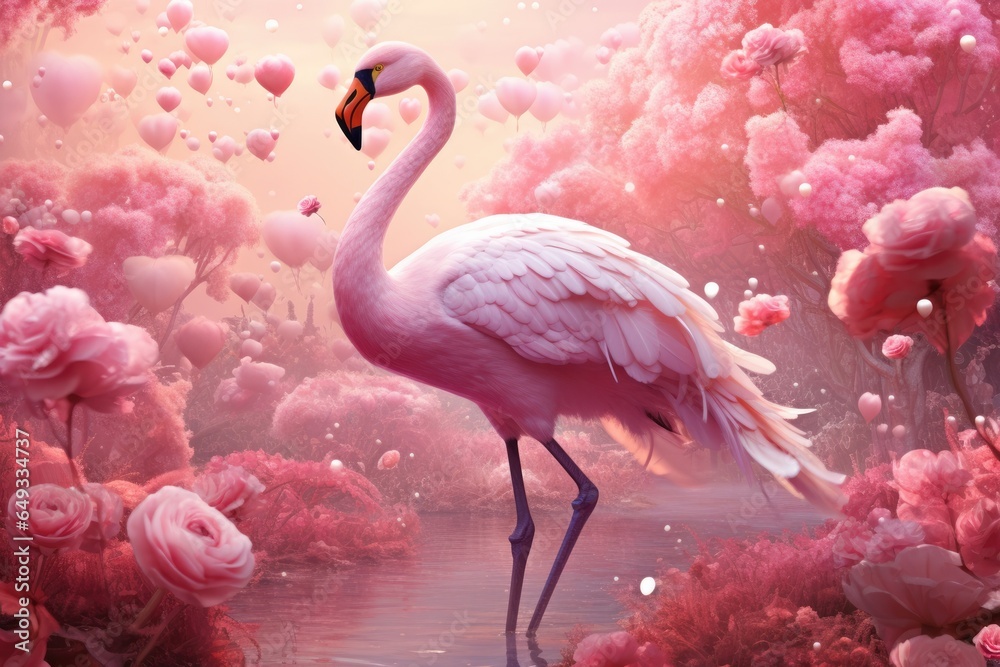 A vibrant pink flamingo standing gracefully amidst a colorful field of blooming flowers