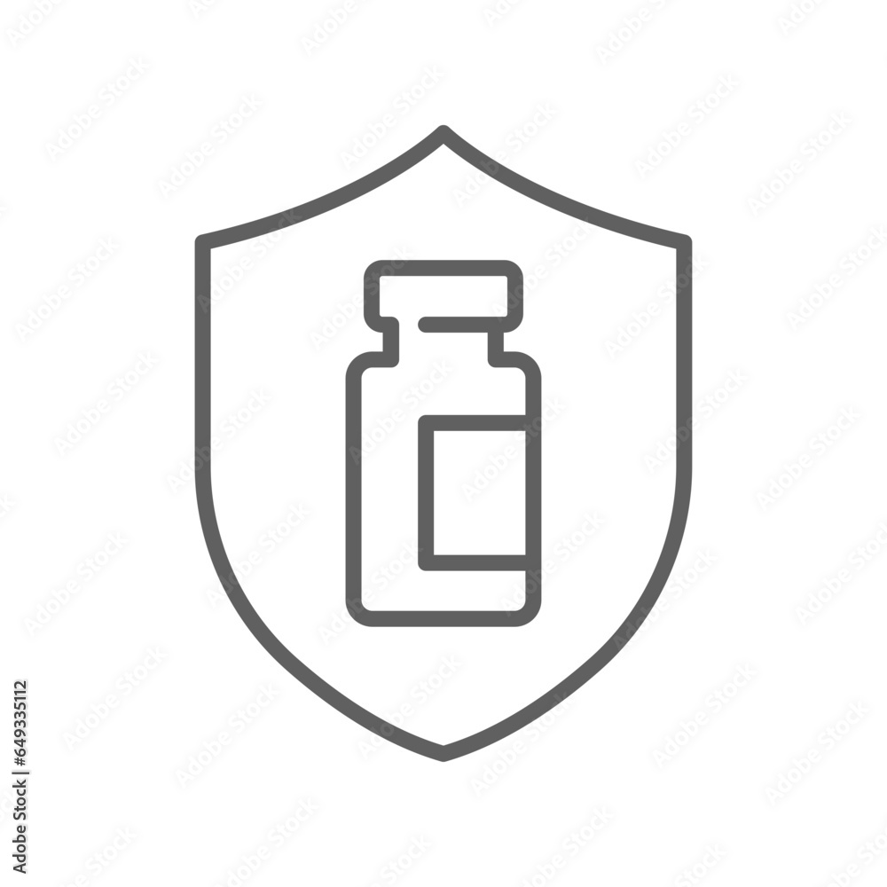 Vaccine protection, save shield, bottle line icon. Vaccination program, immunization medical health. bottle of vaccine on shield. Editable stroke vector illustration design Vaccine protection, save shield, bottle line icon. Vaccination program, immunization medical health. bottle of vaccine on shield. Editable stroke vector illustration design