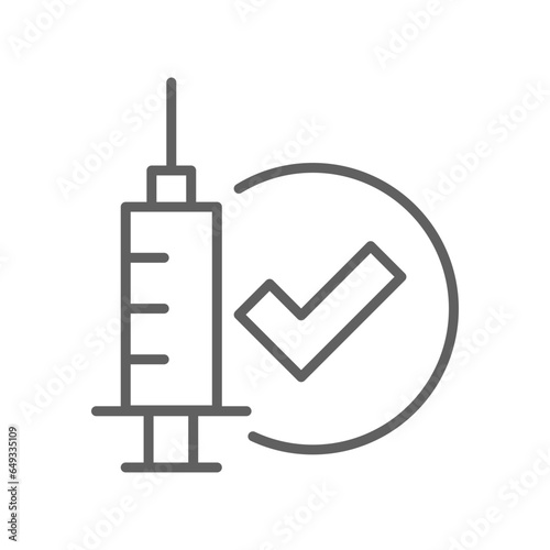 Vaccine check, syringe line icon.  injections, Approved disease vaccination. Covid19, coronavirus Needle and Check Mark infection Editable stroke vector illustration design