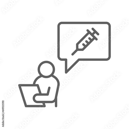 Vaccine, syringe, talk people, prescription line icon. virus prevention individual health test, medical laboratory diagnostics editable stroke vector illustration design