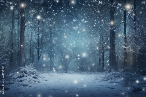 Snowflakes falling in magical winter woods. Generative AI