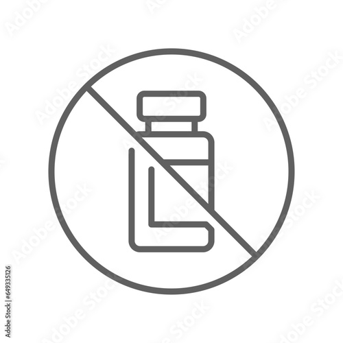 No vaccine, bottle, immunization line icon. Anti vaccination caution, Stop vaccination, No drugs, hypodermic syringe ban symbol. Editable stroke vector illustration design