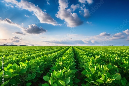 Springtime agricultural landscape with flourishing soybean plantation. Generative AI