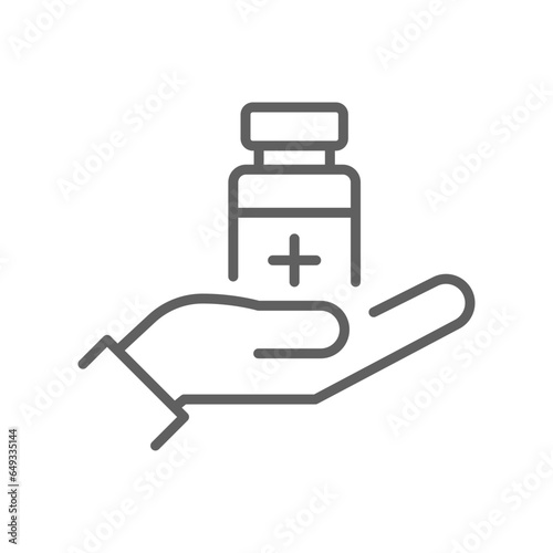 Get vaccine, bottle, hand line icon. health Medical vitamin bottle or immunization and vaccination. Medicine. Vaccine protection Editable stroke vector illustration design
