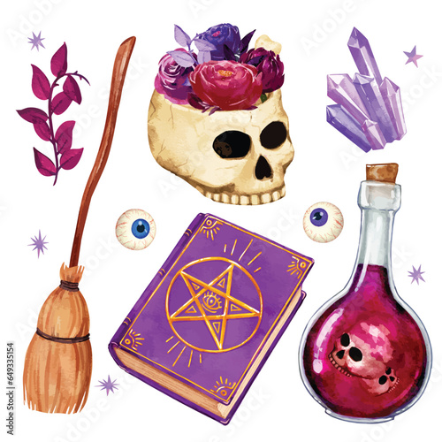 Halloween witch sorcery and witchcraft items watercolor vector set 