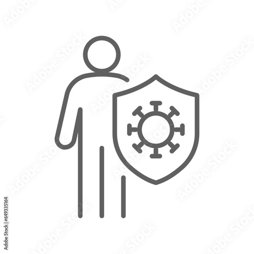 Protection immune response, covid-19, vaccine icon. human is holding shield, bacteria attack. Immune system vaccination antibiotics Editable stroke vector illustration design
