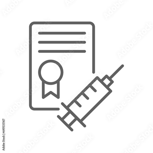 Certificate for vaccine line icon.  vaccine passport sign. safety Medical syringe Vaccination for graphic  web collection logo.  Editable stroke vector illustration design