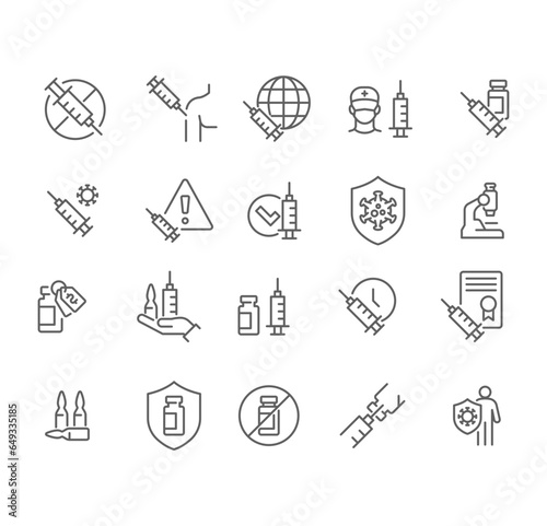 Vaccine against Virus Icon Set. Coronavirus Vaccination in Shoulder time, Medical syringe, immunization bottle, suction, Needle, Vial, shot injection. Editable stroke Vector illustration design