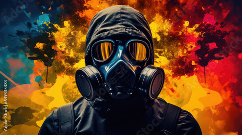 A man in a gas mask with the abstract background