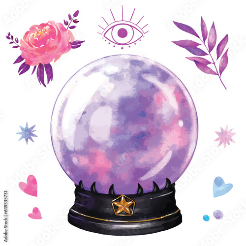 Pink fortune telling magic crystal ball watercolor vector illustration