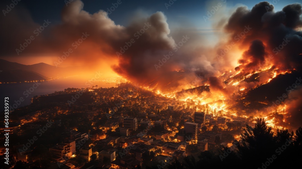 engulfed forest fires come close to the city and houses, environmental problems and disaster. engulfed forest fires come close to the city and houses, environmental problems and disaster.