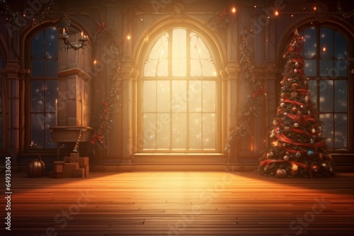fairy tale christmas room with christmas tree and window