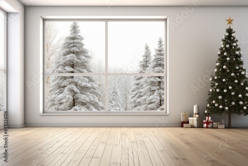 empty room with a snowy window, presents and Christmas tree, in the style of naturalistic renderings, the picture shows a white living room with snow and a tree behind it
