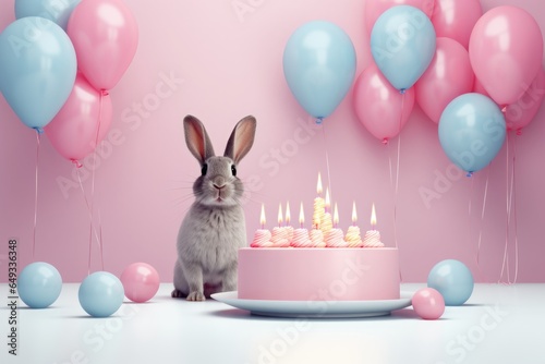 a bunny sits in front of a cake surrounded by balloons on a pink background photo