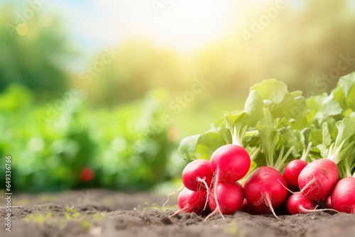 a radish plant growing in the soil with a beautiful sun behind it, large radishes stand in a field farm, harvest