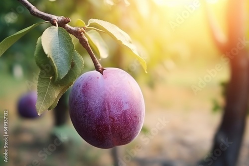 plum with sun on them and trees in the background photo
