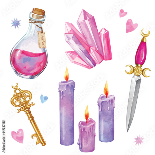 Pink mystical magic and witchcraft items watercolor vector set isolated elements 
