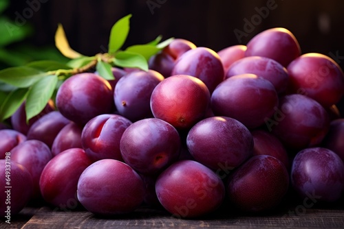 a stack of plums sitting on a wooden table or table