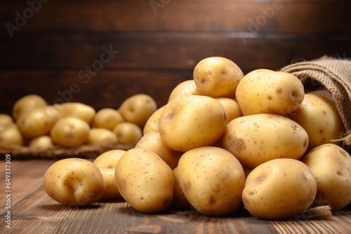 sprinkling potatoes with sack on wooden table in room