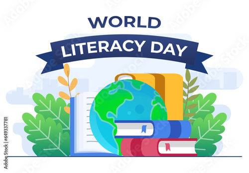 International Literacy Day flat vector illustration banner with books and globe, 8th September, Reading books, World Literacy Day celebration, Happy Literacy Day!