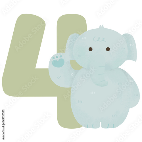 number 4 cute kawaii elephant watercolor animal letter birthday baby shower nursery