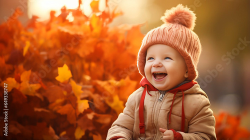 copy space, happy little child, baby boy laughing and playing in autumn. Joyful moments during autumn. Little baby girl laughing and smiling. Happiness, exitement, enjoy precious moments. Childhood.