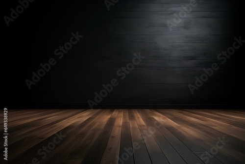 Empty light dark wall with beautiful chiaroscuro and wooden floor. Minimalist background for product presentation. generative AI © yj