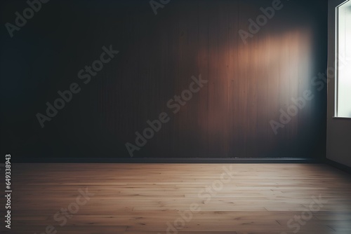 Empty light dark wall with beautiful chiaroscuro and wooden floor. Minimalist background for product presentation. generative AI © yj