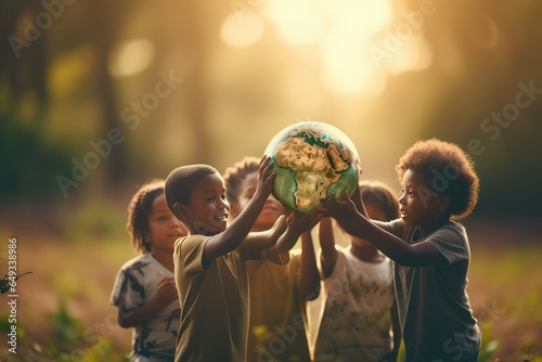 International day of peace concept. African Children holding globe photo