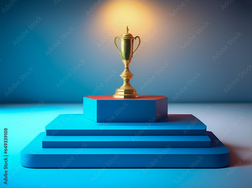 A sports cup trophy displayed in front of an empty stadium, representing athletic achievement and competition.