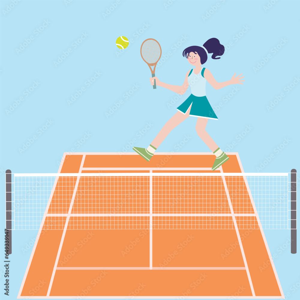Young woman playing tennis cartoon vector illustration
