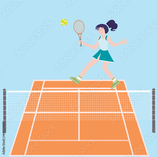 Young woman playing tennis cartoon vector illustration