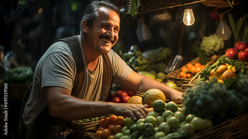 Happy smiling trader selling his organic vegetables