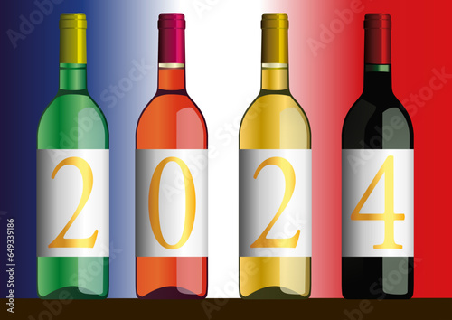 Présentation originale du millésime 2024 avec l’année inscrite sur quatre bouteilles de vins de Bordeaux de différentes couleurs.