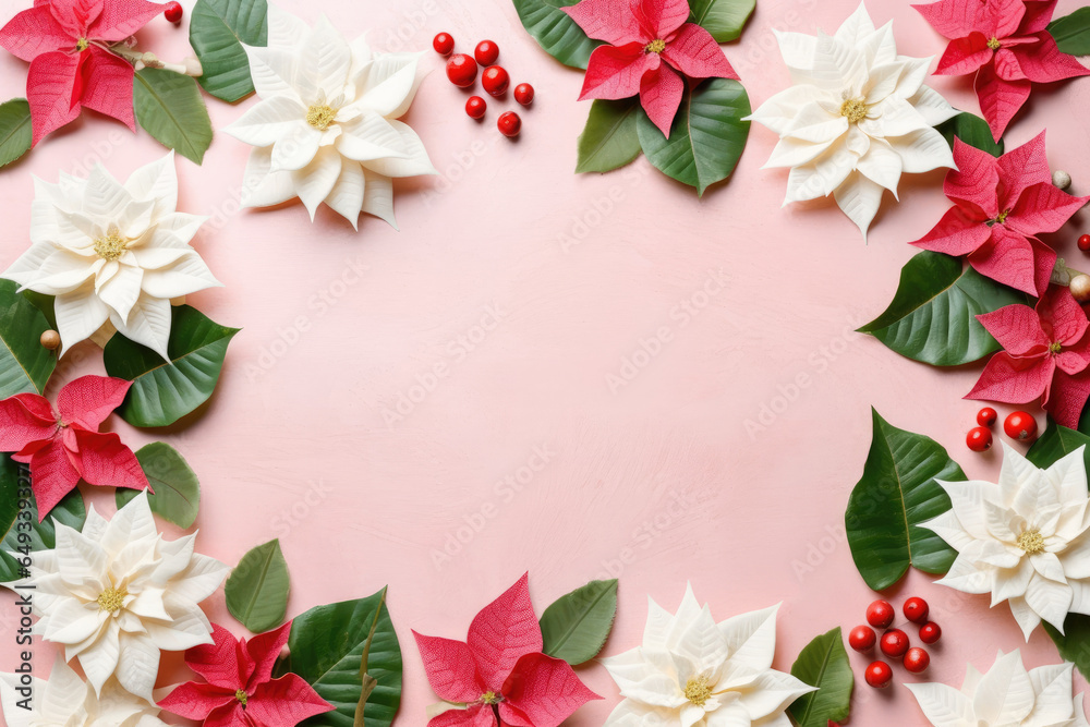 Christmas holiday frame of red pink white flowers on pastel pink background 
